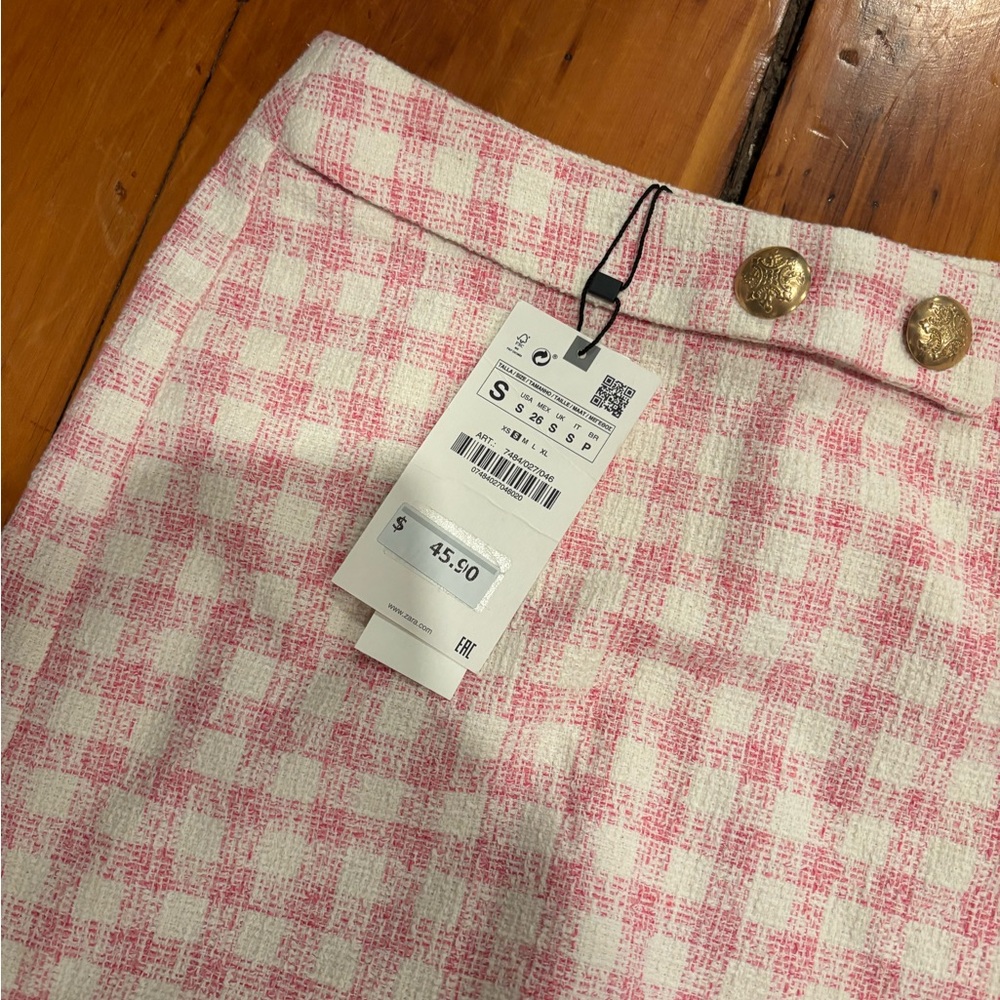 Zara Pink Gingham Tweed Checkered Mini Skirt Skort Size Small - Picture 5 of 7